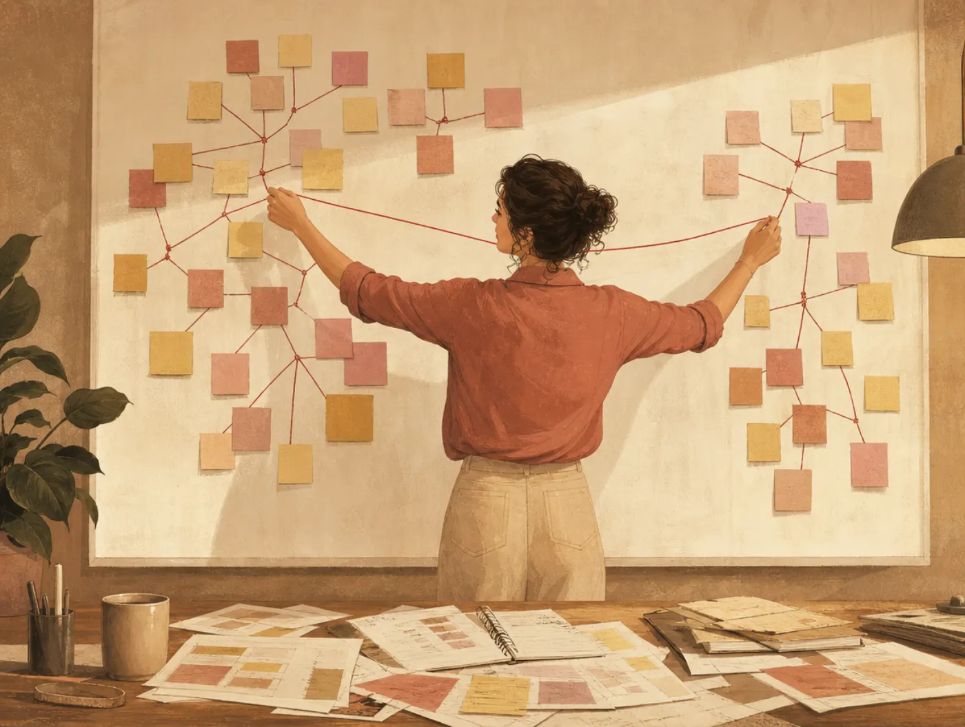 Extraverted Intuition: a person linking distant sticky-note clusters on a whiteboard with red string mid-brainstorm
