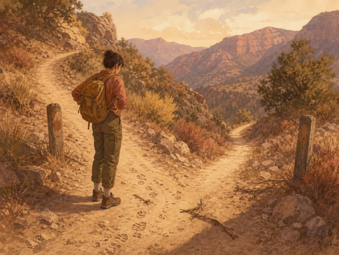 Introverted Intuition: a hiker examines scattered clues at a trail fork, then picks one path with certainty