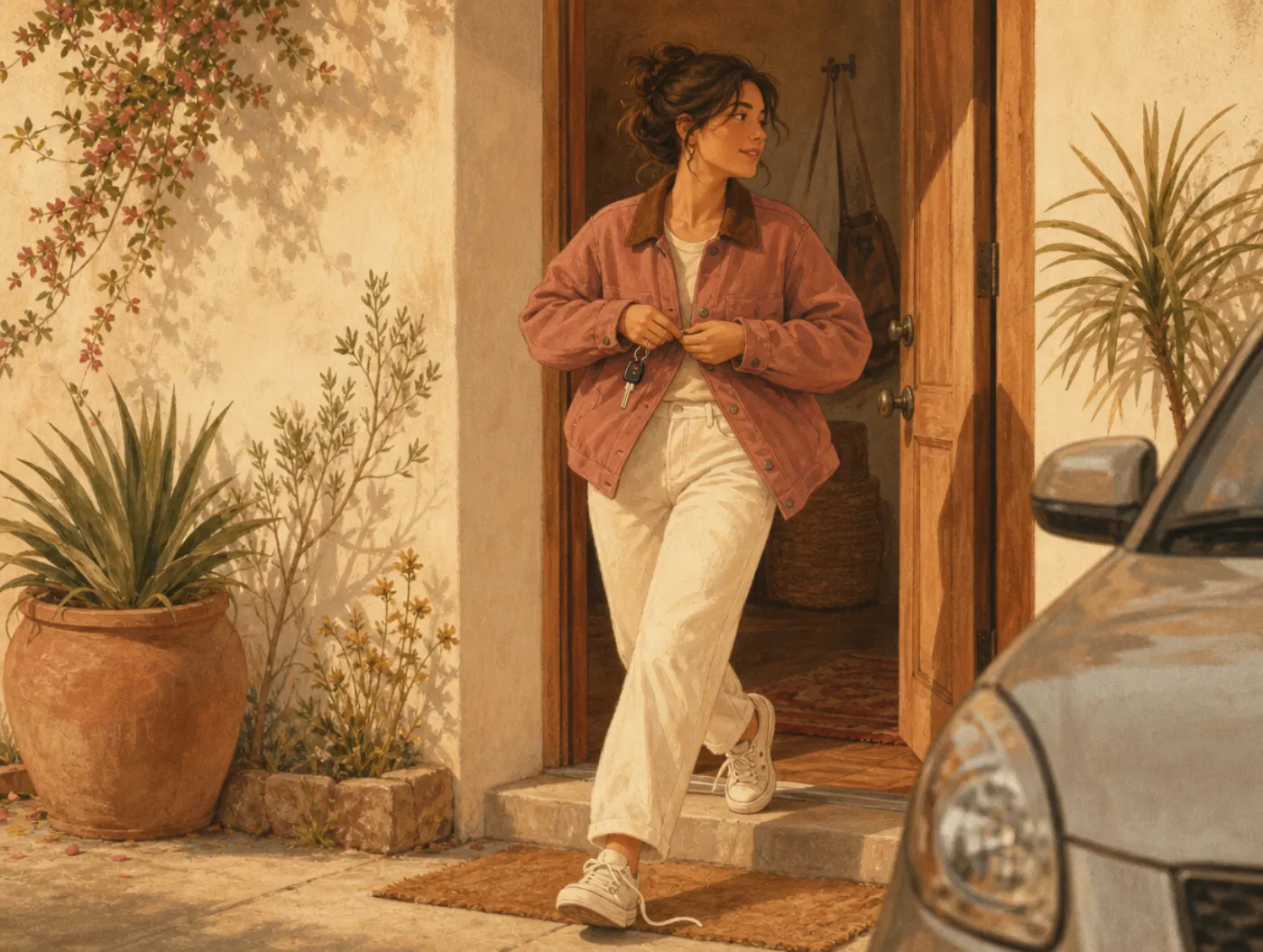 Orange Personality Type: Spontaneity and Action: person rushing out the door buttoning a jacket, keys in hand, one shoe