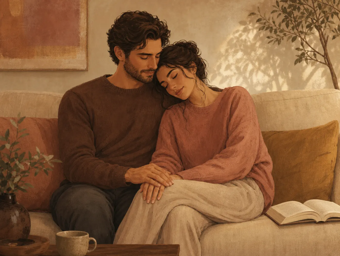 Physical Touch: The Affectionate-Closeness Love Language: couple on a couch, his hand resting over hers, her head leanin