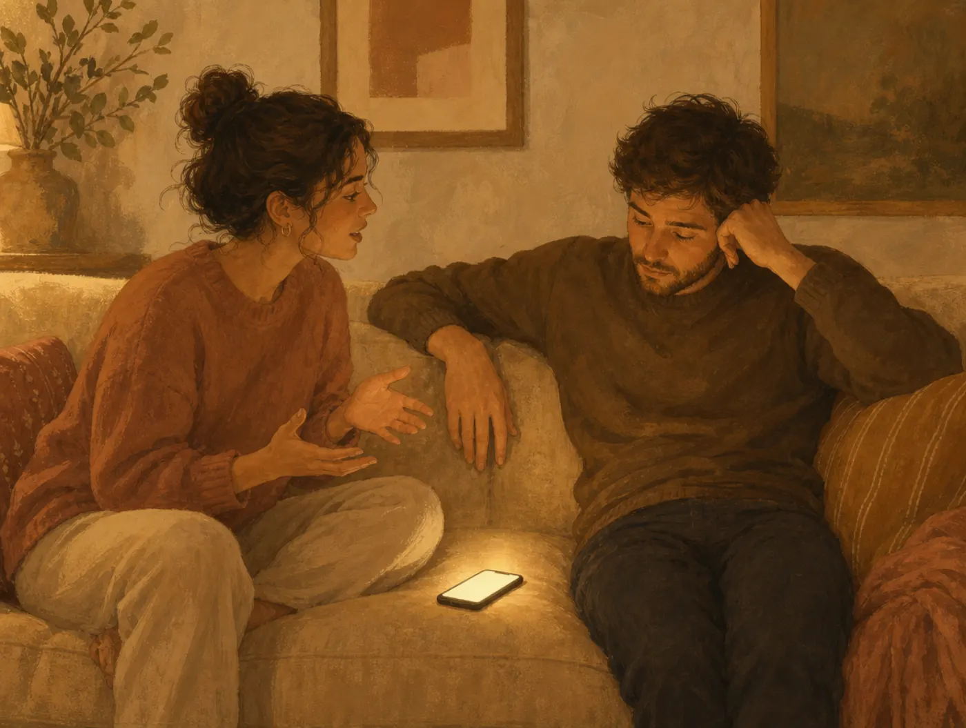Quality Time: The Undivided-Attention Love Language: partner glancing at a glowing phone while the other talks on the co