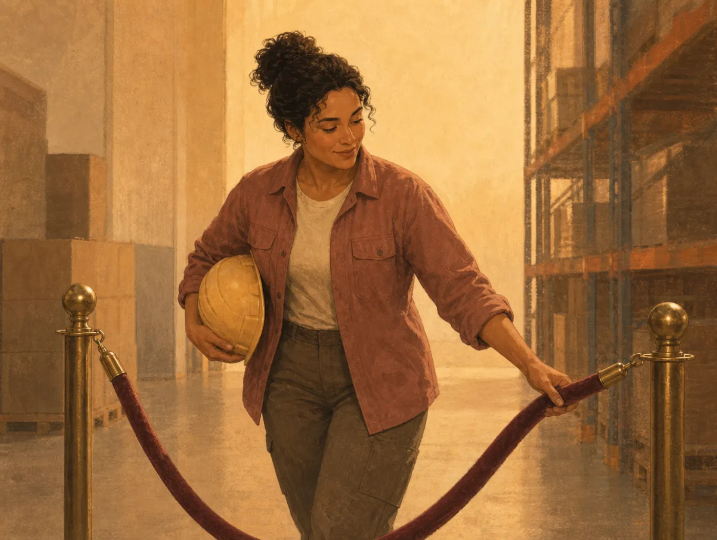 The Rebel Archetype: a worker lifts a velvet rope barrier aside to walk through a roped-off warehouse aisle
