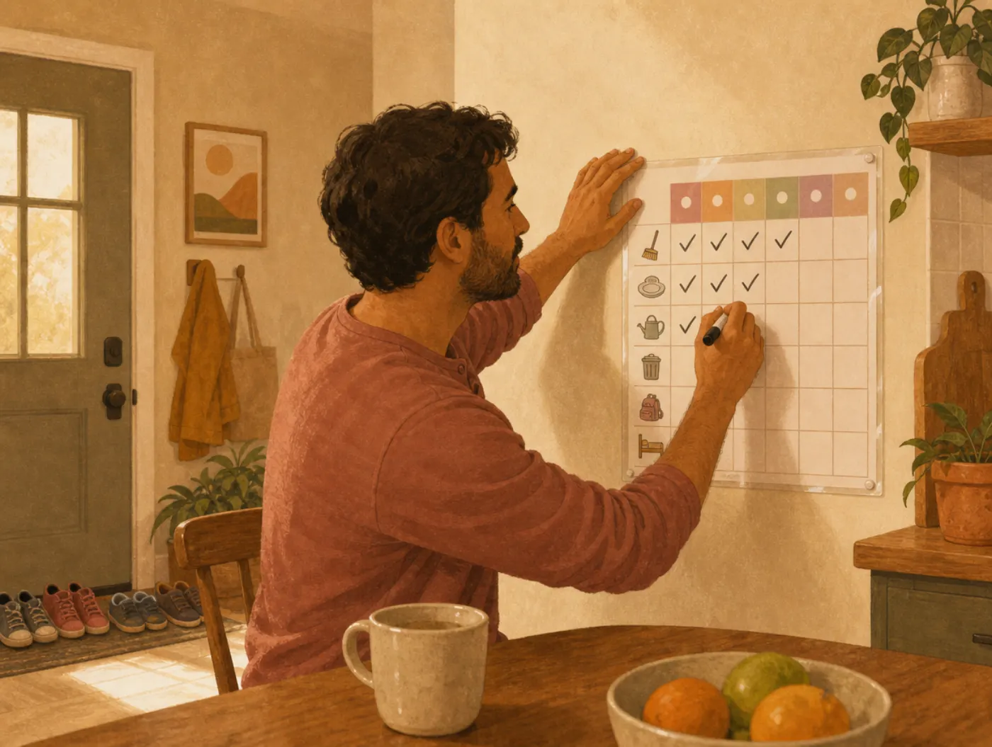 The Ruler Archetype: Responsibility and Structure: a man pins up a household chore chart, marking off completed tasks wi