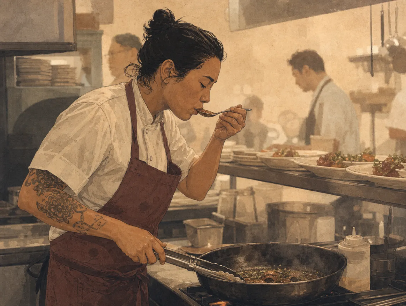 Extraverted Sensing: a line cook tastes a sauce off the spoon and instantly adjusts seasoning mid-service, tongs in hand