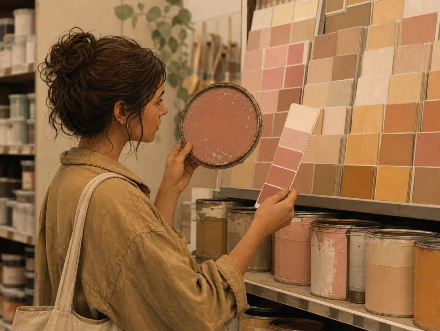 Introverted Sensing: a person comparing a chipped old paint can lid to store color swatches, matching the shade from mem