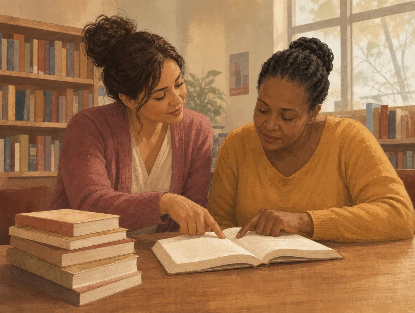 Social Holland Code: The Helper: tutor guiding a student's finger along a workbook line at a library table