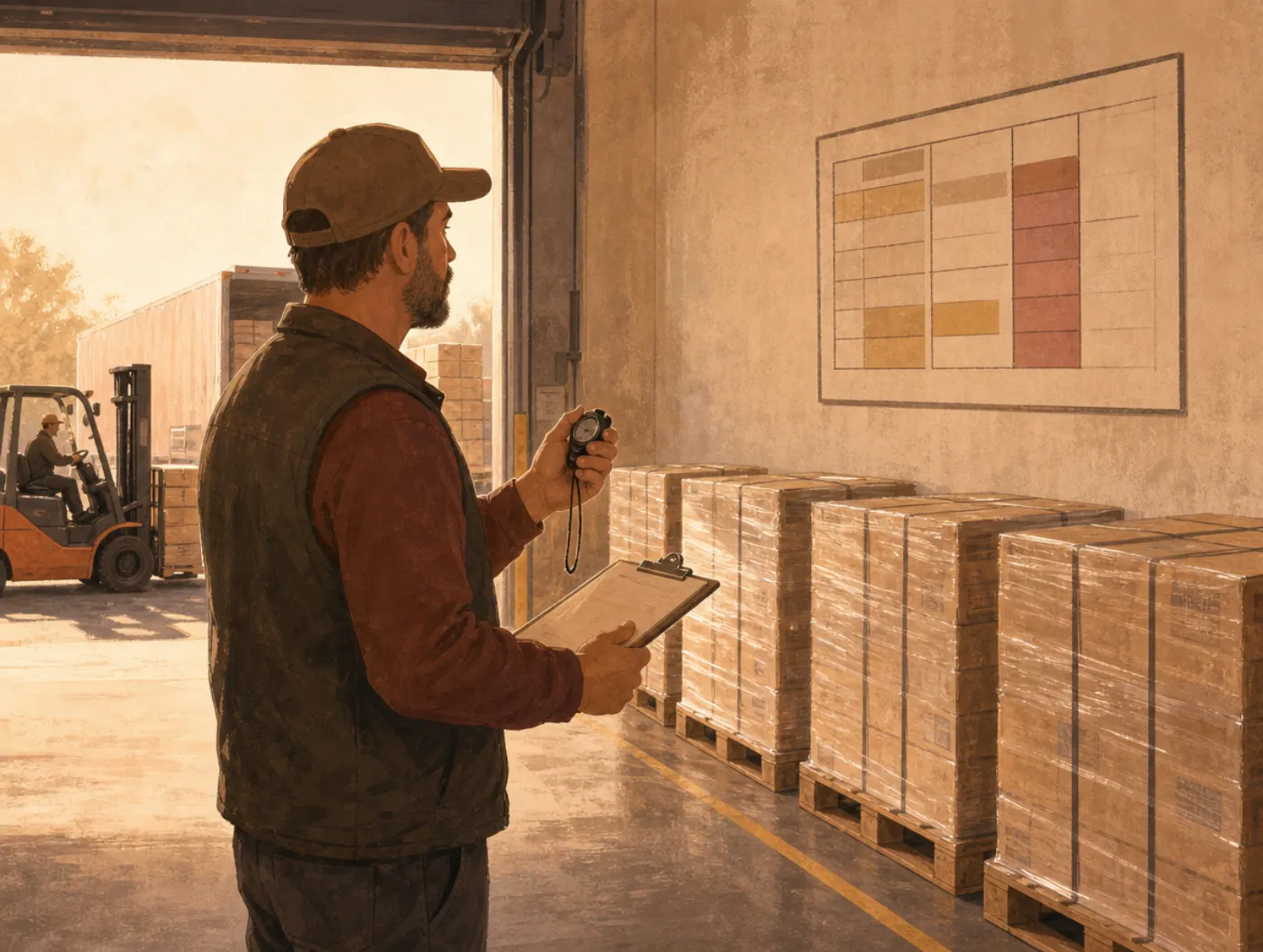 Extraverted Thinking: a warehouse supervisor arranging pallets into rows, stopwatch in hand, tracking results