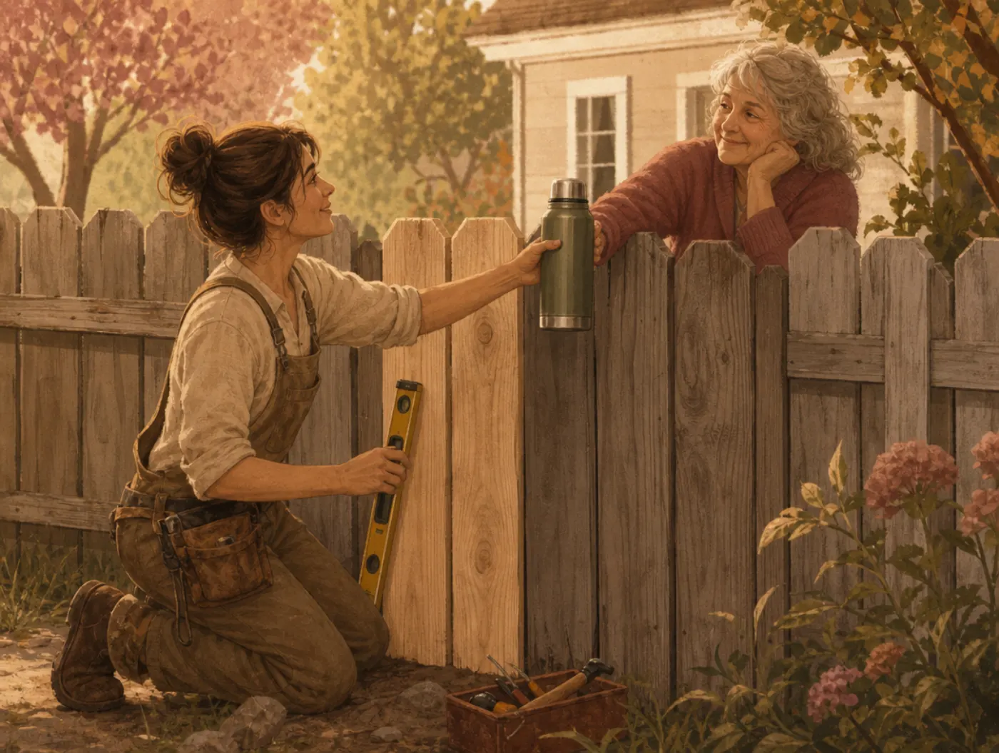 Enneagram 1w2: The Advocate: a person leveling a repaired fence board while handing a neighbor a thermos of coffee