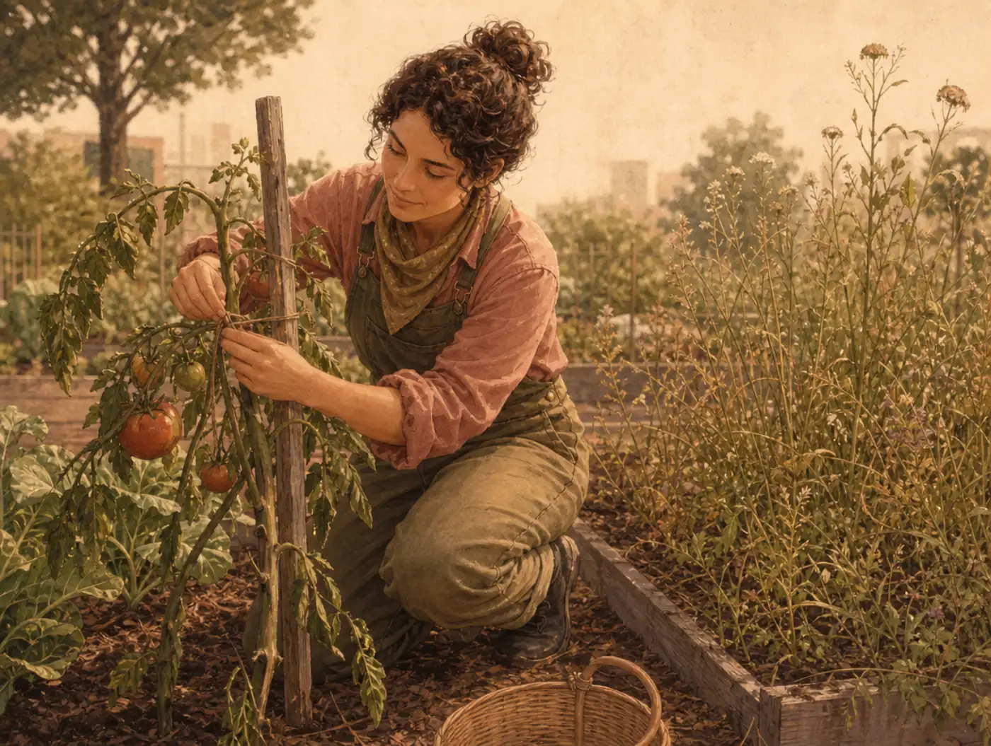Enneagram 1w9: The Idealist: a gardener calmly retying a drooping tomato vine to a stake in a community garden