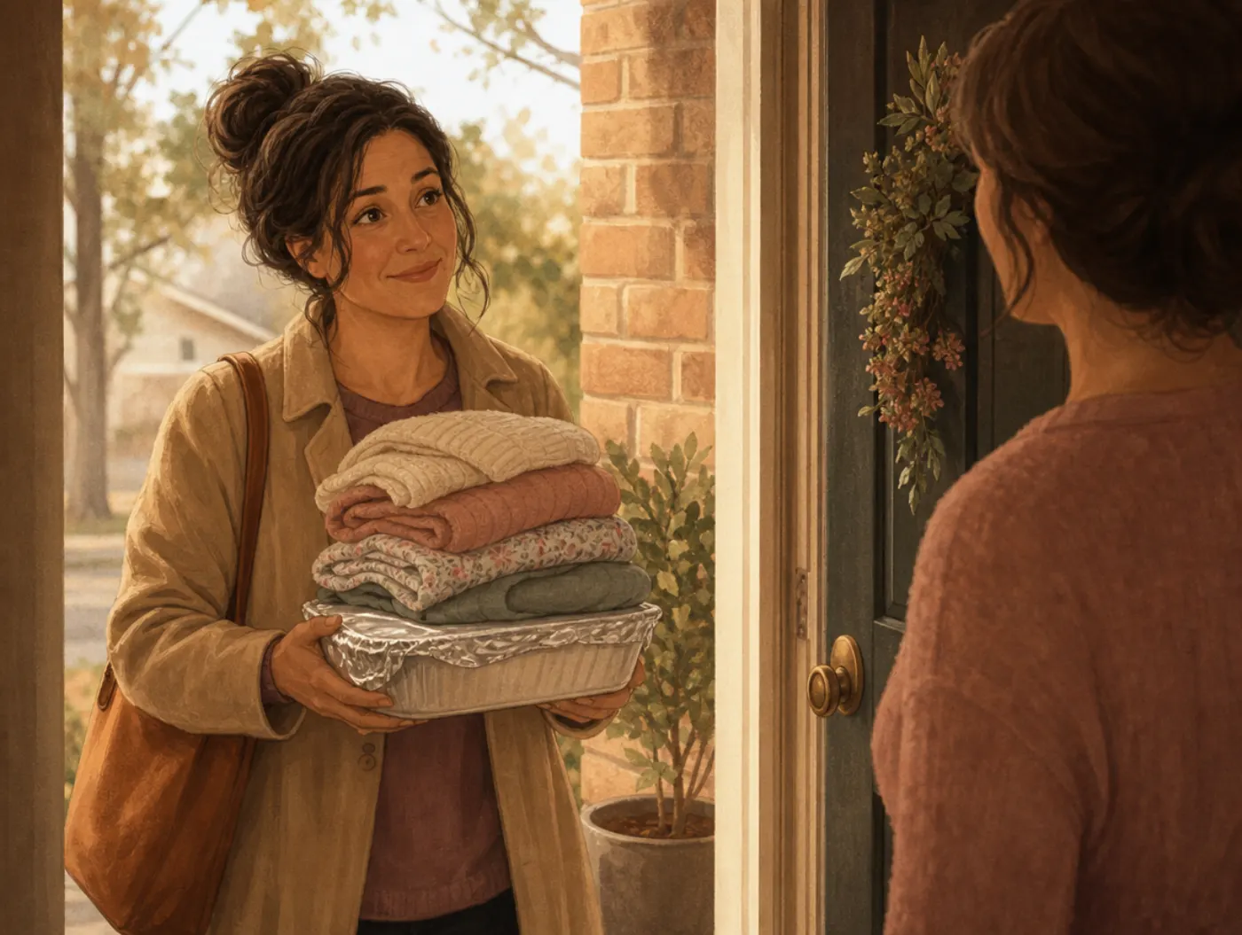 Enneagram Type 2: The Helper: a woman at a doorstep holding a casserole, watching for her friend's reaction