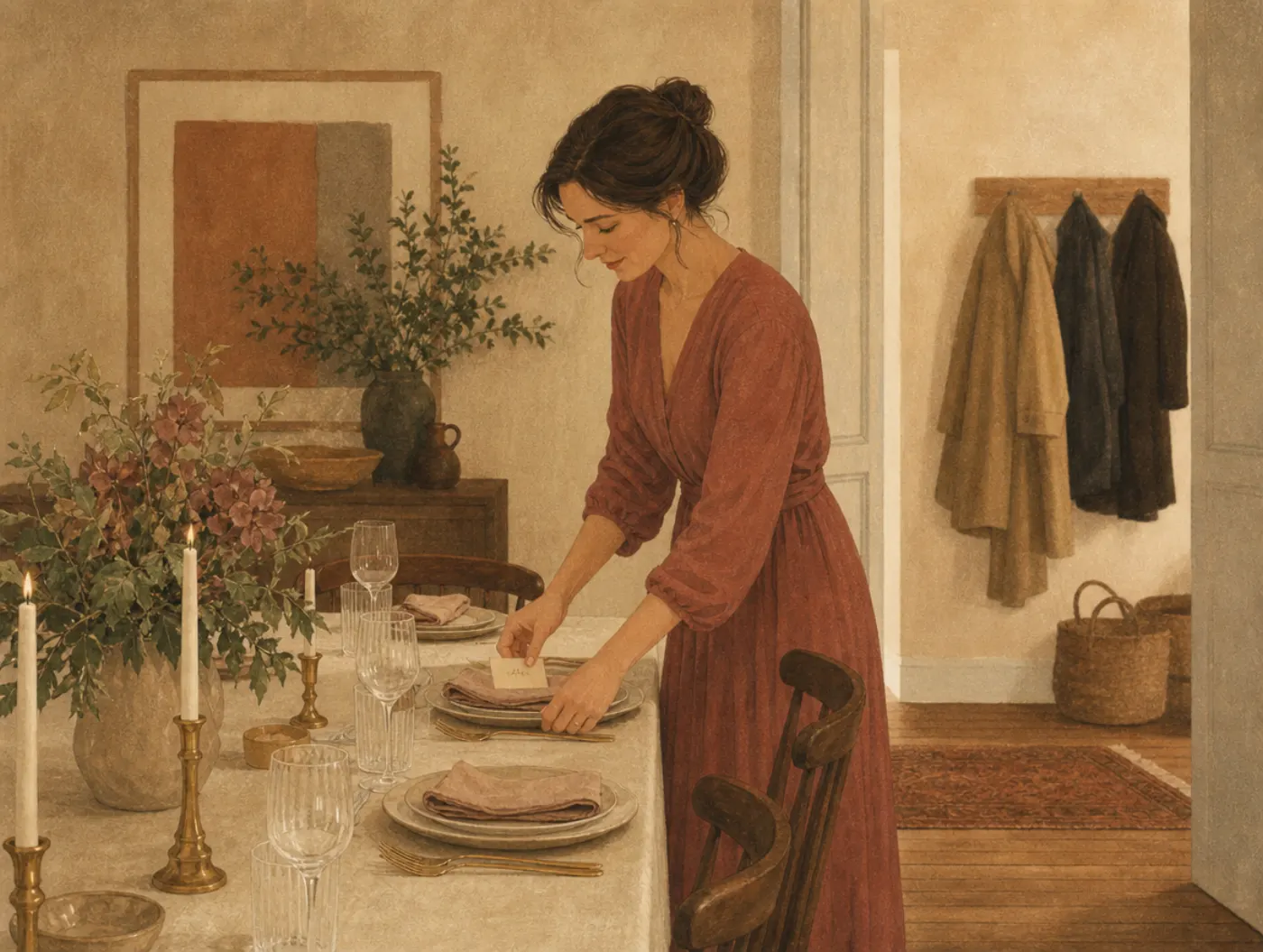 Enneagram 2w3: The Host: a woman perfecting place settings and a folded napkin at a dinner table before guests arrive