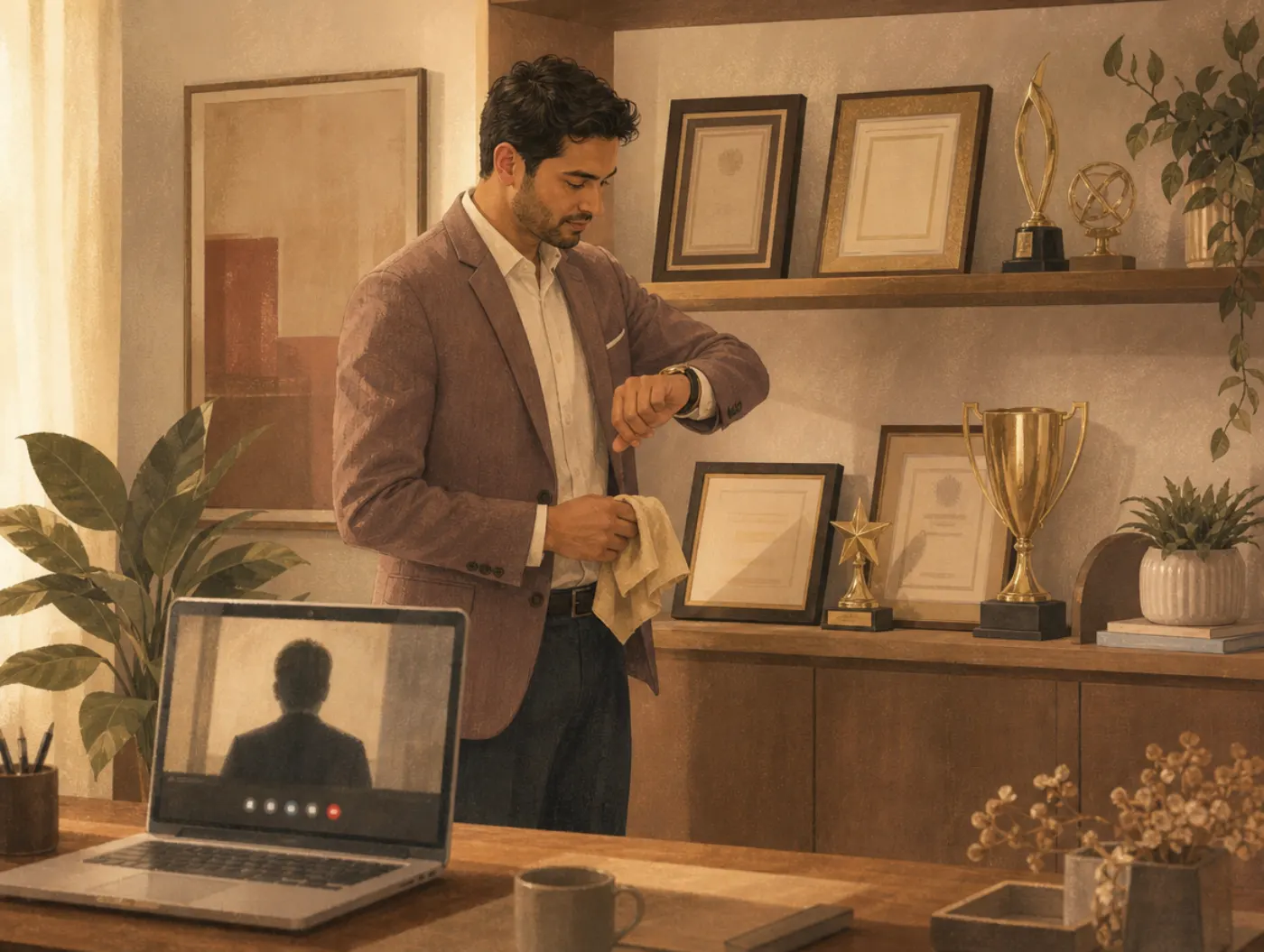 Enneagram Type 3: The Achiever: a man polishing trophies and framed certificates on a shelf while glancing at his watch