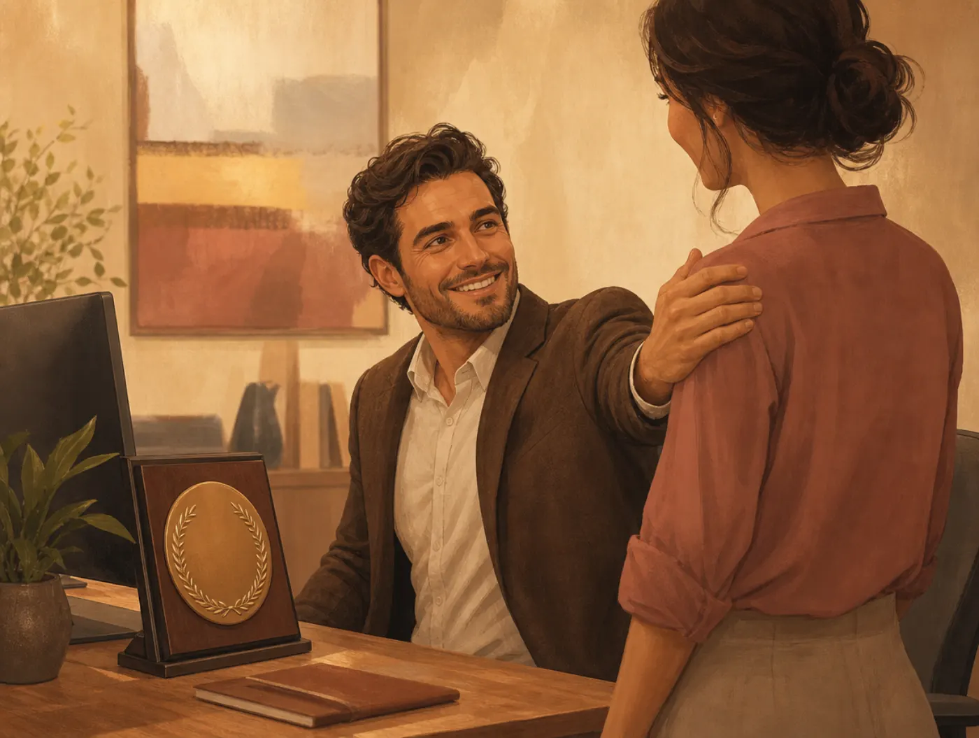 Enneagram 3w2: The Charmer: top salesperson at a desk with an award plaque, warmly clasping a coworker's shoulder in con