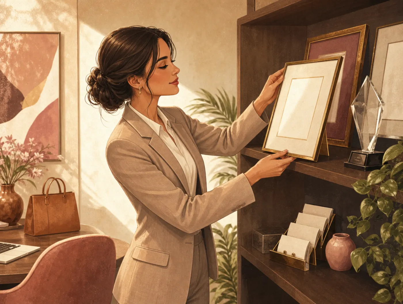 Enneagram 3w4: The Professional: a woman in a blazer arranging awards and business cards on her office shelf before a me