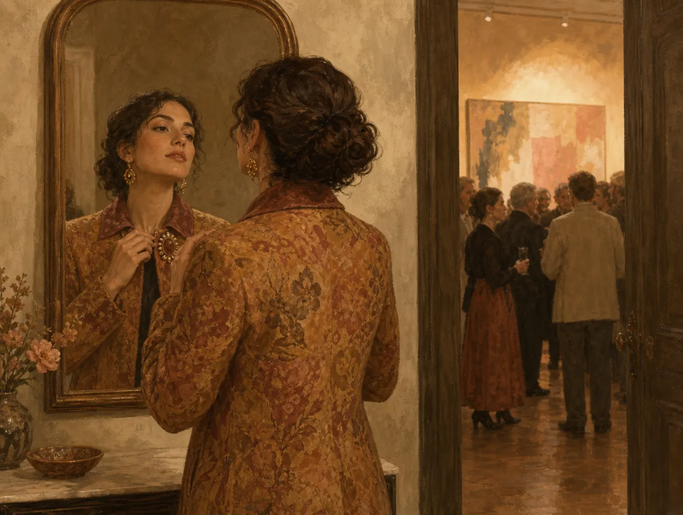 Enneagram 4w3: The Aristocrat: adjusting a statement brooch before entering a crowded gallery opening