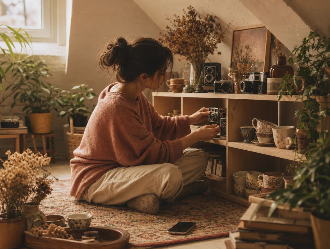 Enneagram 4w5: The Bohemian: person alone in an attic studio arranging vintage cameras and dried flowers on a shelf