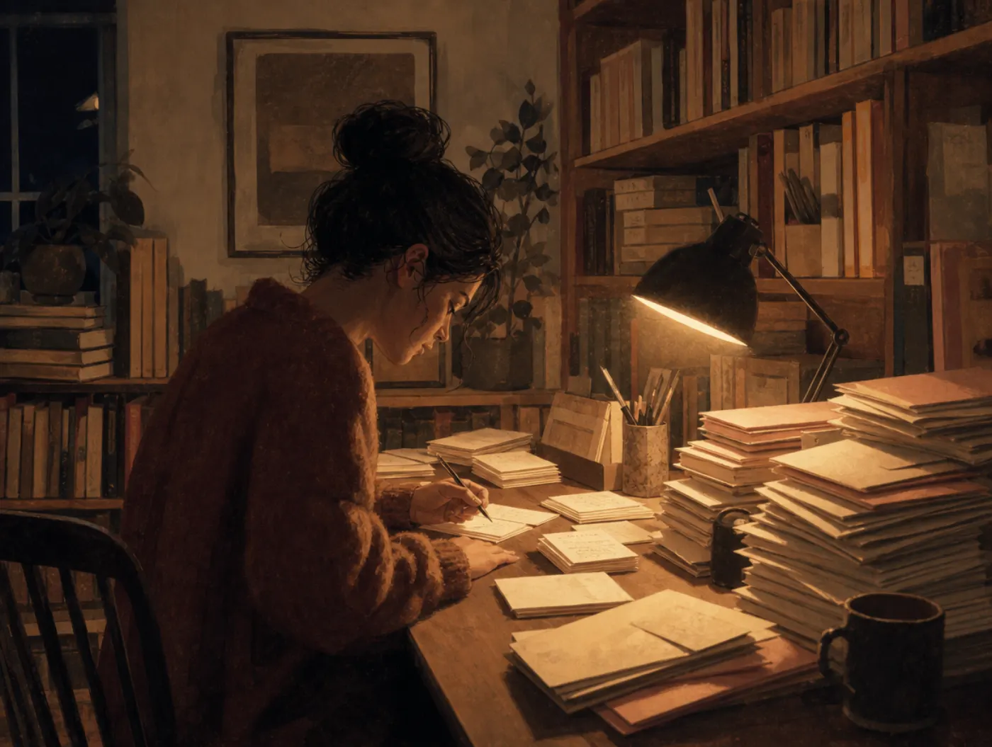 Enneagram Type 5: The Investigator: a person alone in a book-lined study at night, filling index cards with notes under