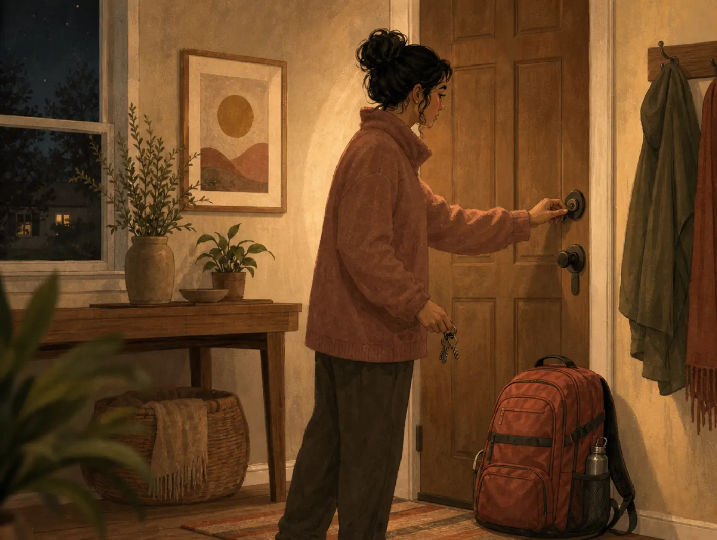 Enneagram Type 6: The Loyalist: a person double-checking a locked front door at night, keys in hand, a packed bag waitin