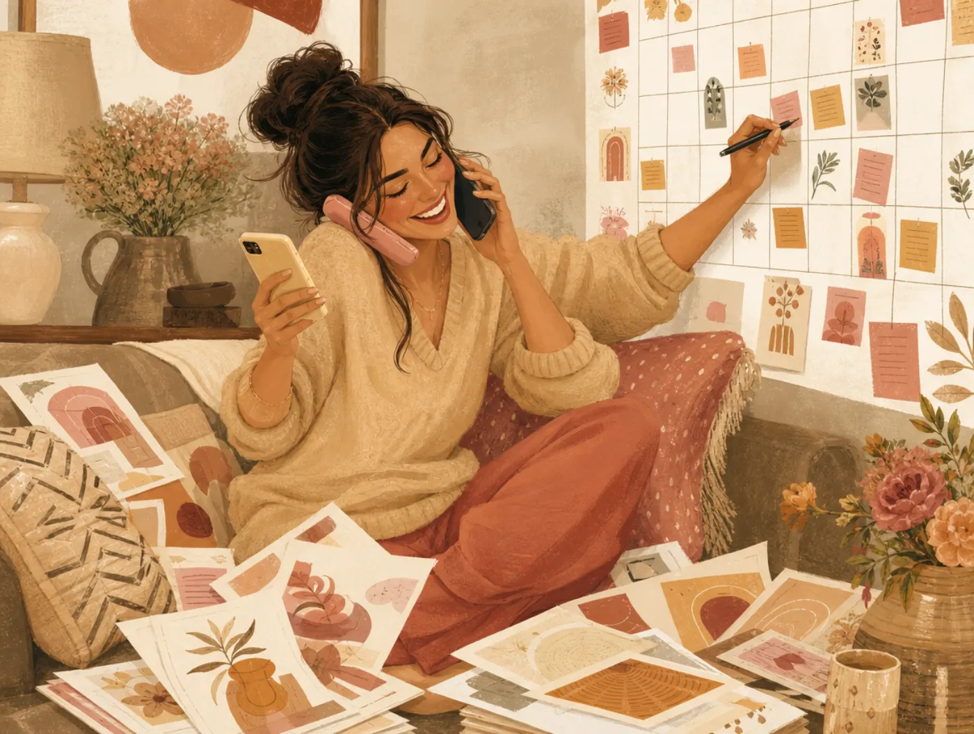 Enneagram 6w7: the Buddy: a woman juggling calls from a couch covered in flyers, laughing while penciling another gather