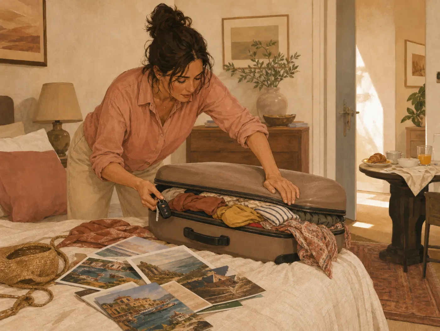 Enneagram Type 7: The Enthusiast: adult zipping a packed suitcase amid scattered travel brochures, keys in hand, breakfa