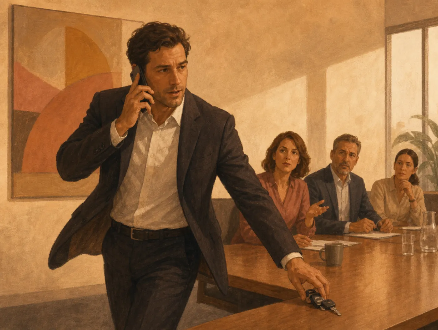Enneagram 7w8: the Realist: a man strides out of a meeting mid-sentence, phone to his ear, grabbing his car keys as coll