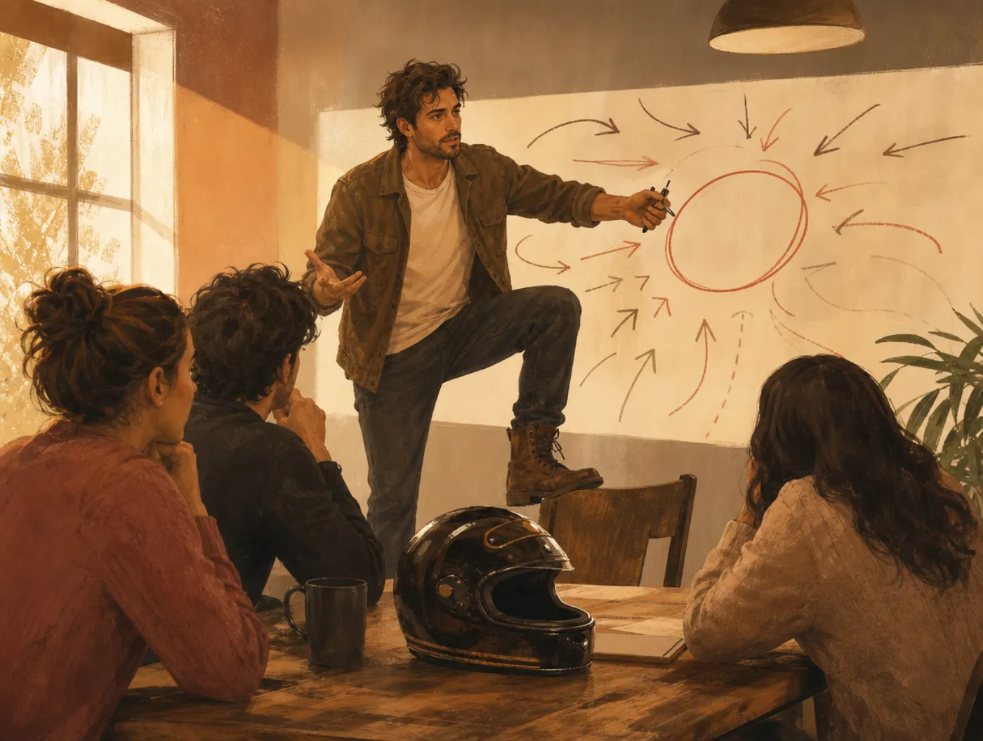 Enneagram 8w7: the Maverick: entrepreneur pitching a bold plan at a whiteboard, boot on a chair, motorcycle helmet nearb