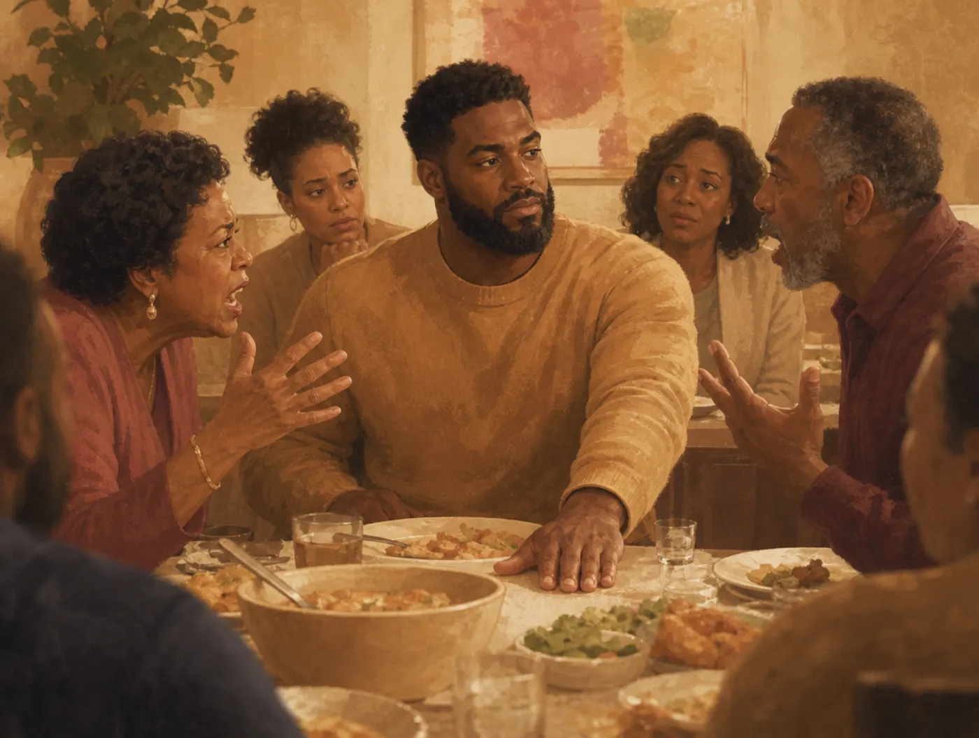 Enneagram 8w9: the Bear: a calm parent resting a steady hand on the table to quiet a family dinner argument