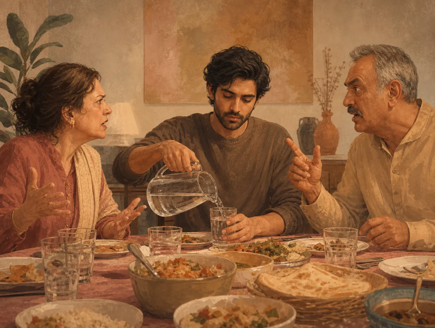 Enneagram Type 9: The Peacemaker: person refilling water glasses at a tense family dinner, staying neutral between two a
