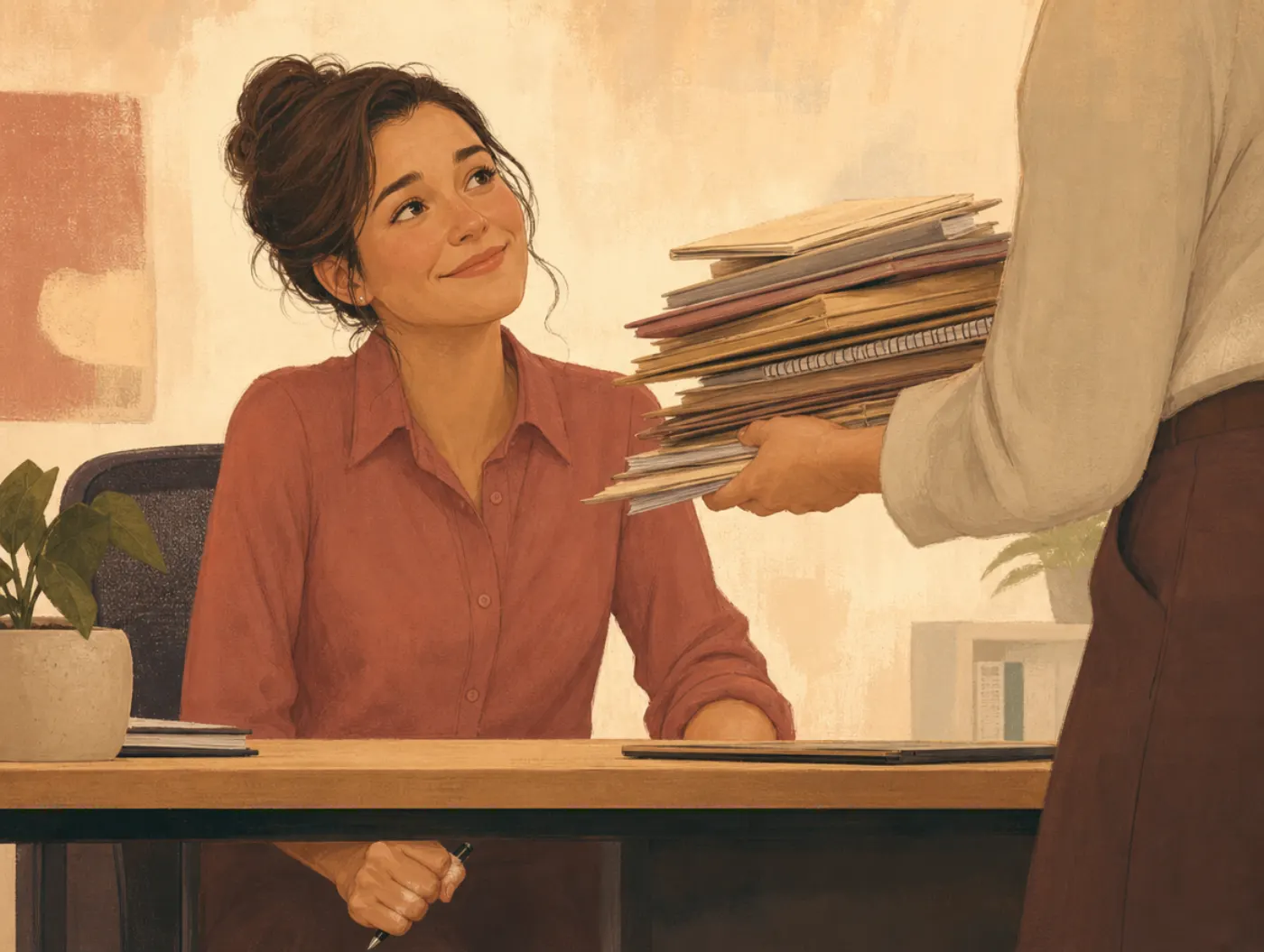 Type C Personality: The Suppressed-Emotion Hypothesis: worker smiling and agreeing while gripping a pen white-knuckled u