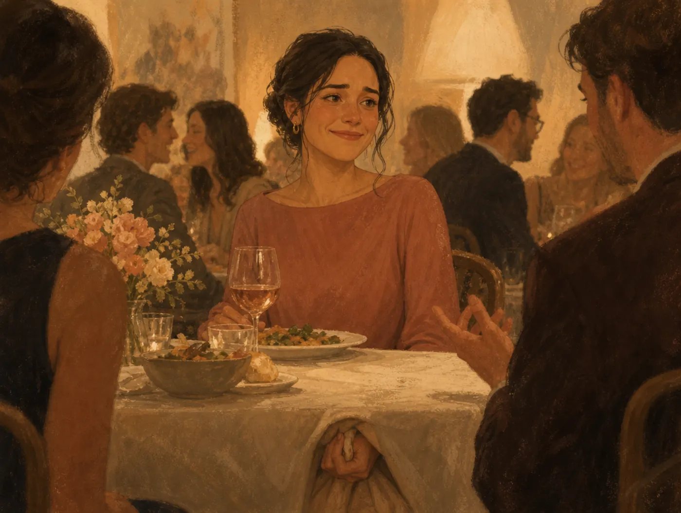 Type D Personality: The Distressed Personality Pattern: a person forces a smile at a dinner table while secretly clenchi