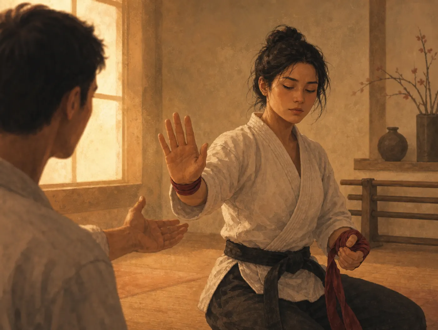 The Warrior Archetype: a martial artist unwraps their hands after training, palm raised to decline one more round