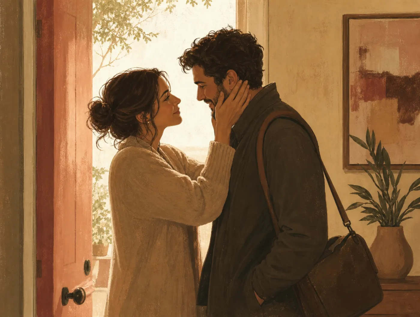 Words of Affirmation: The Verbal Love Language: a partner cups their spouse's face, speaking closely at the front door b