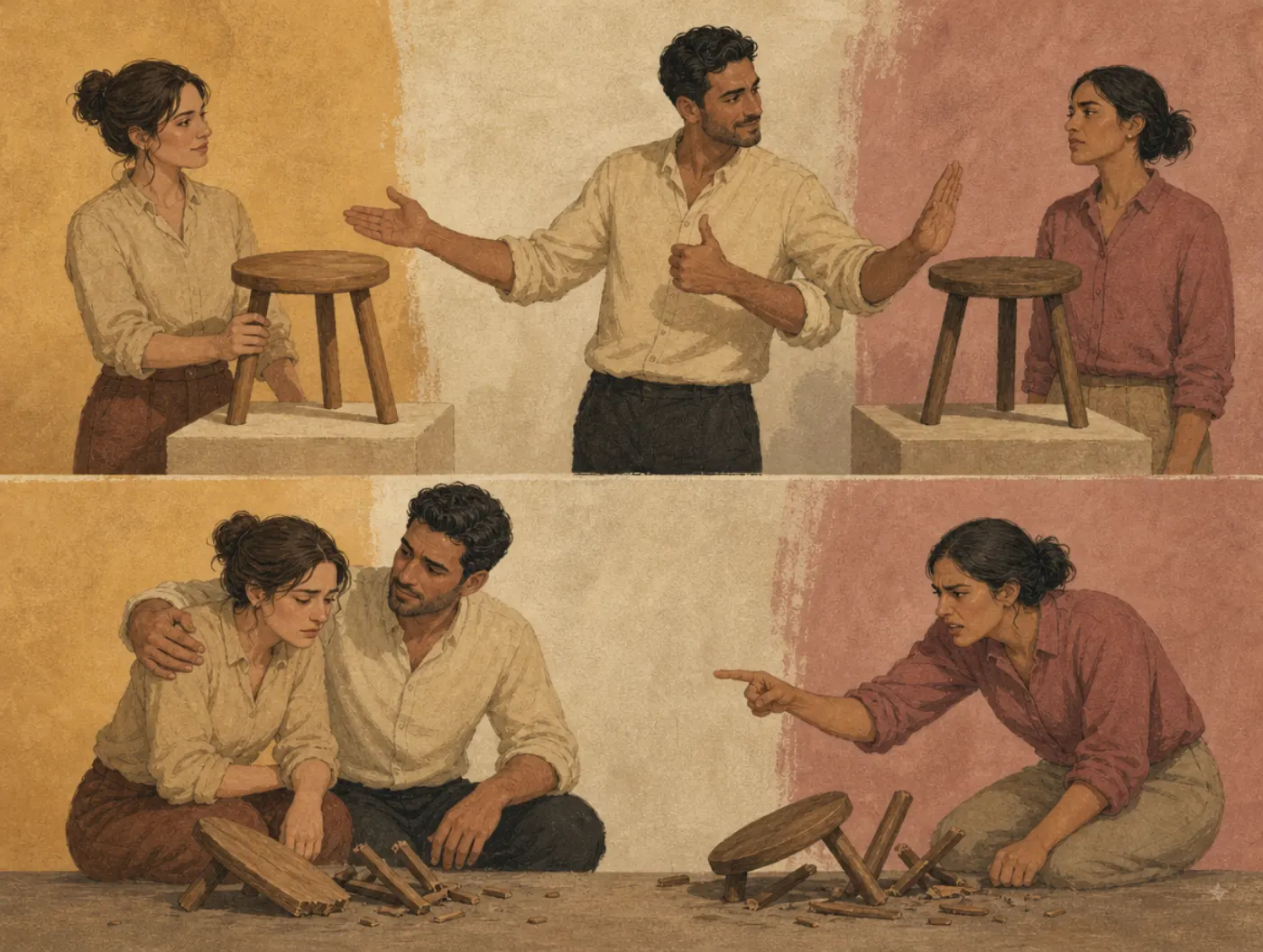 Ultimate attribution error: skill for our side, luck for theirs, and the reverse Two panels: a man applauds his teammate's sound stool and waves off a rival's equally sound one; after both break, he consoles his teammate only.
