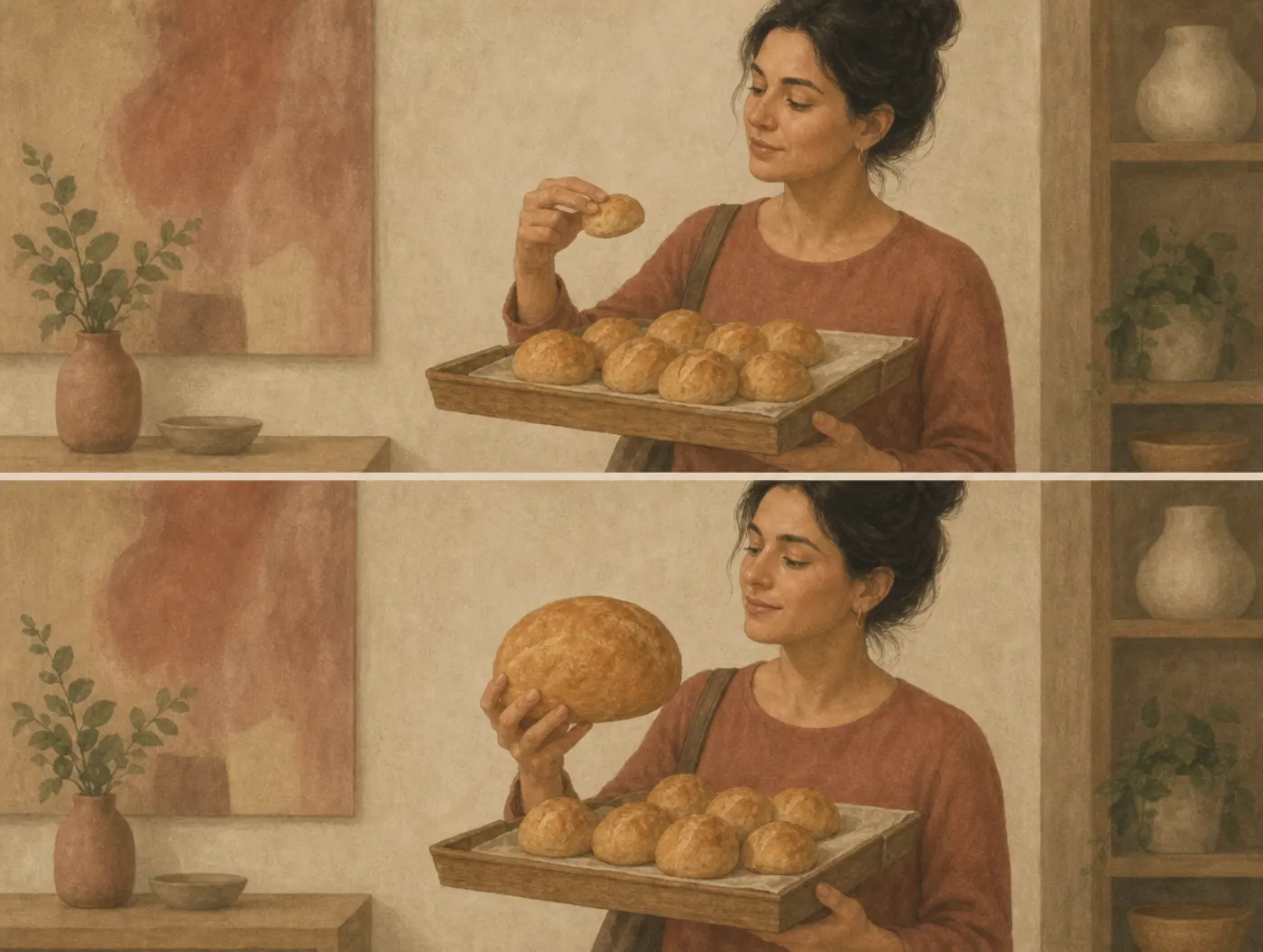 Two panels: a woman lifts one small roll from a tray of small rolls; from a second tray she lifts one roll several times the size, with the same ease.
