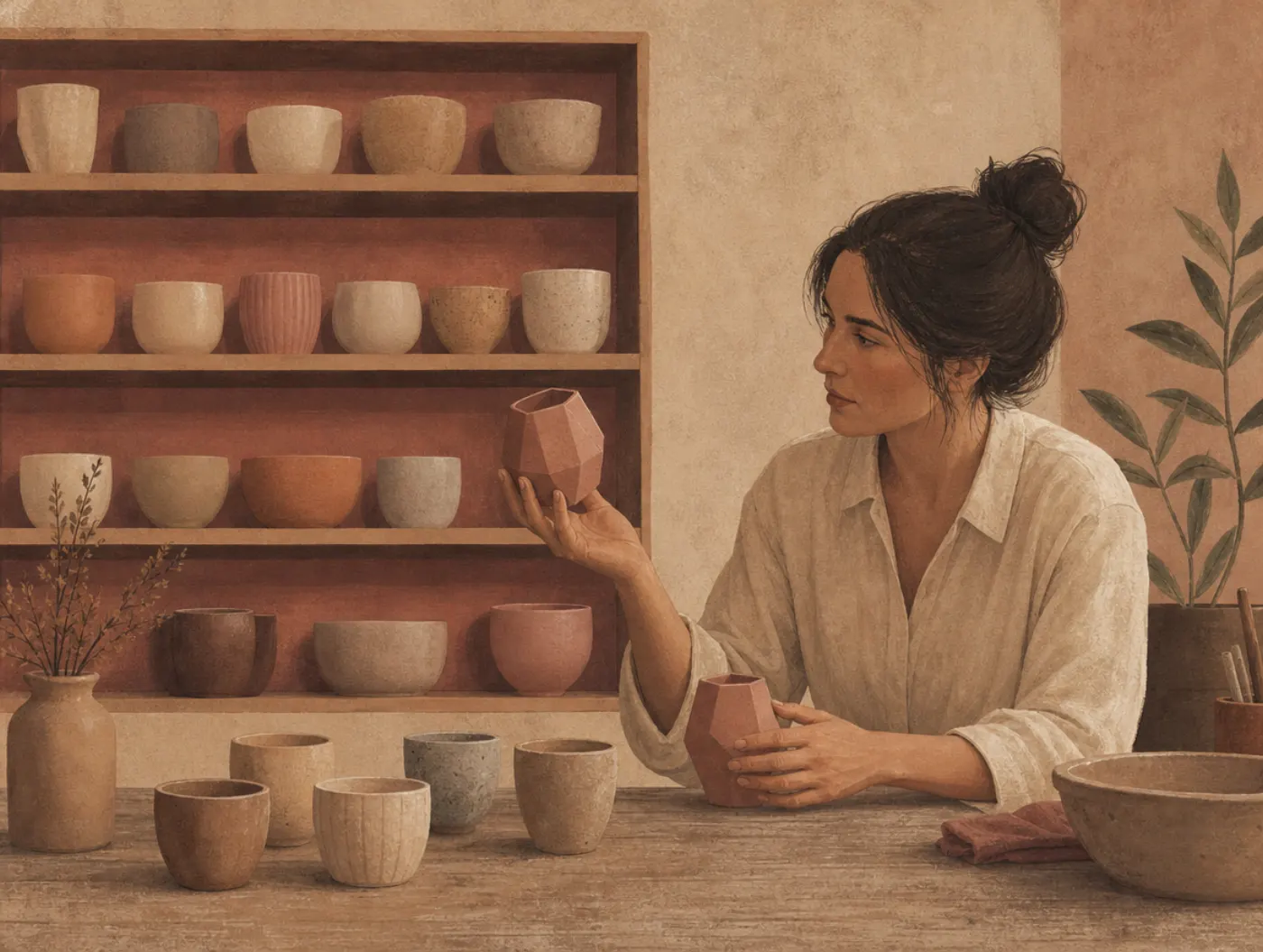 Recalling a shelf of rounded cups, a woman holds up the one angular faceted cup and has reproduced it on the table, while few plain round cups return.