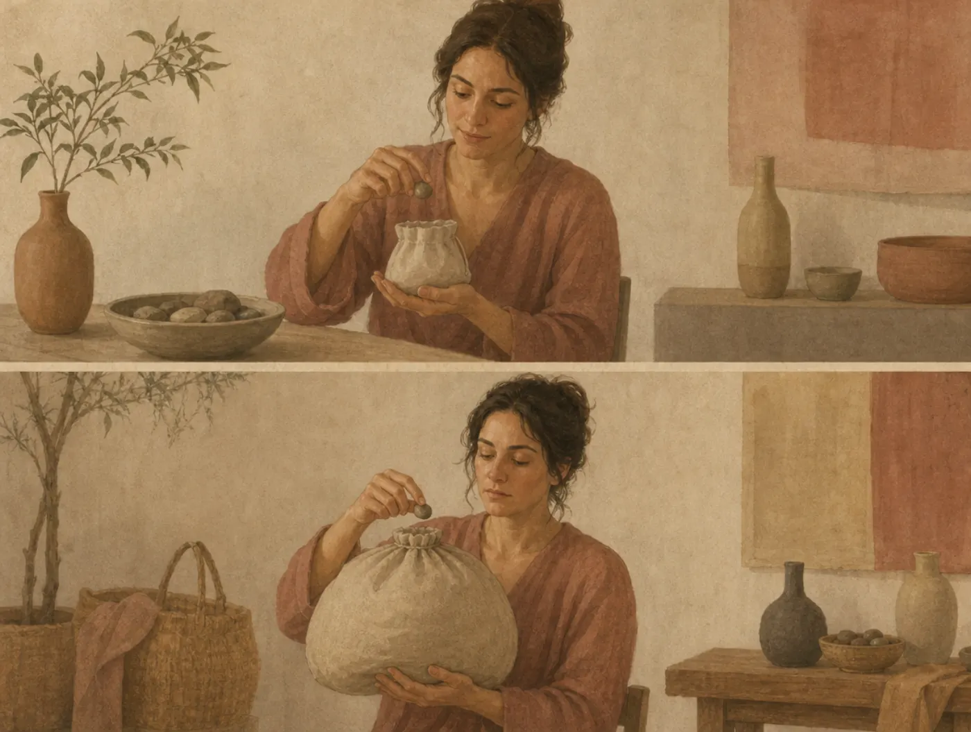 Weber-Fechner law: the same stone, felt in a pouch and lost in a sack Two panels: a woman drops a small stone into a light pouch and notices the weight; dropping the same stone into a huge sack, her face does not change.