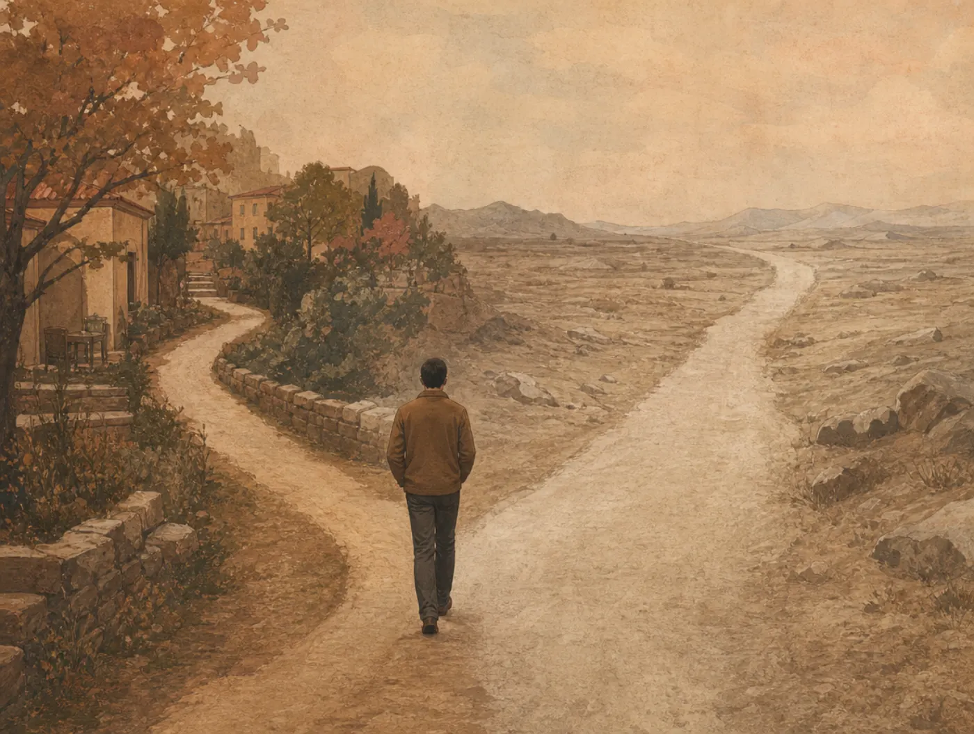 Well-traveled road effect: the familiar way feels shorter than it is A man at a fork: the familiar lane to his left winds compactly past a house and trees he knows, while the unfamiliar road to his right stretches away.