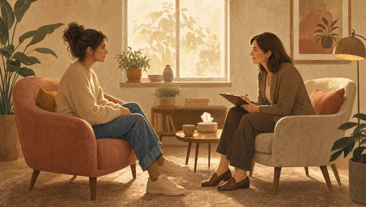 Illustration of a first meeting between a person in an armchair and a therapist holding a clipboard