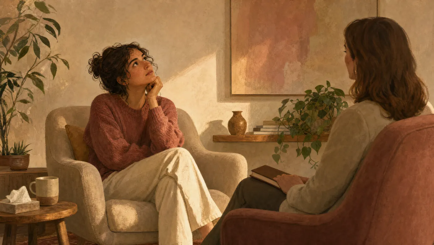 Illustration of a person looking up thoughtfully while a therapist listens with a closed notebook