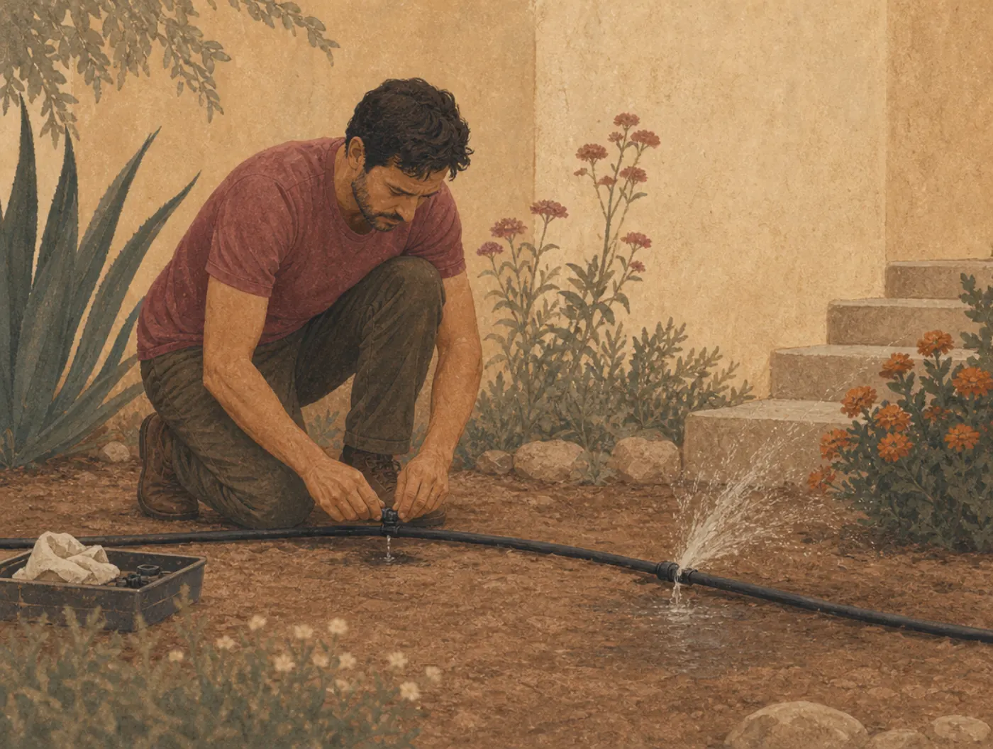 A gardener kneels to seal a tiny drip in an irrigation line completely, while a few feet away a large leak sprays water across the bed untouched.