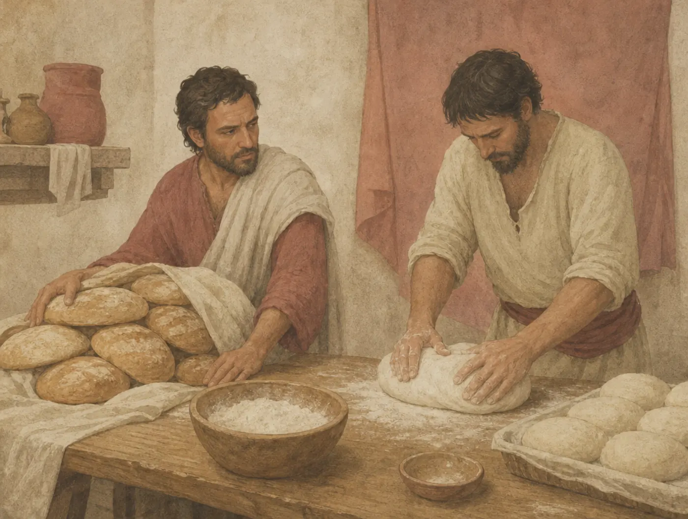 At a bakery table one man guards his pile of loaves with both arms while his neighbor kneads fresh dough, a tray of rising loaves already beside him.