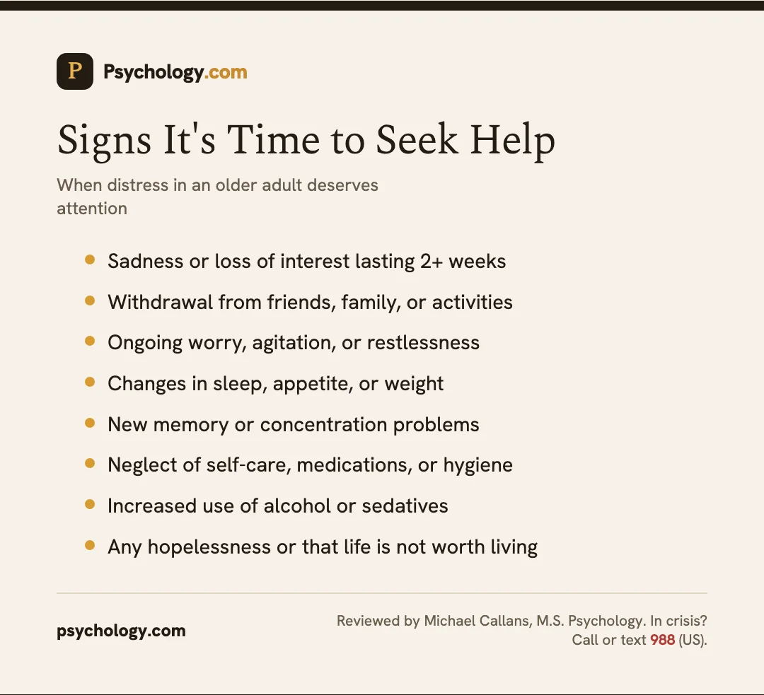 Infographic listing warning signs of depression and anxiety in older adults that signal when to seek help.