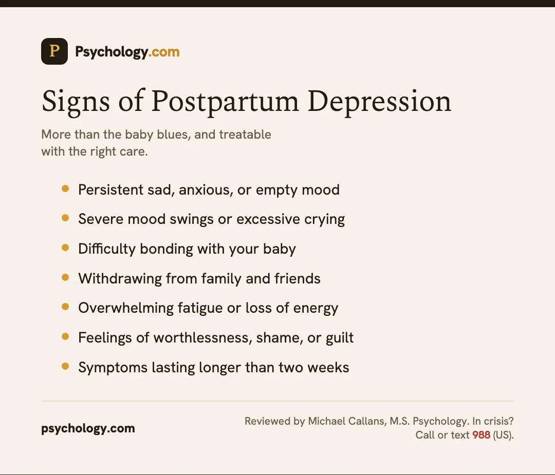 Infographic listing common signs of postpartum depression, distinguishing it from the short-lived baby blues.