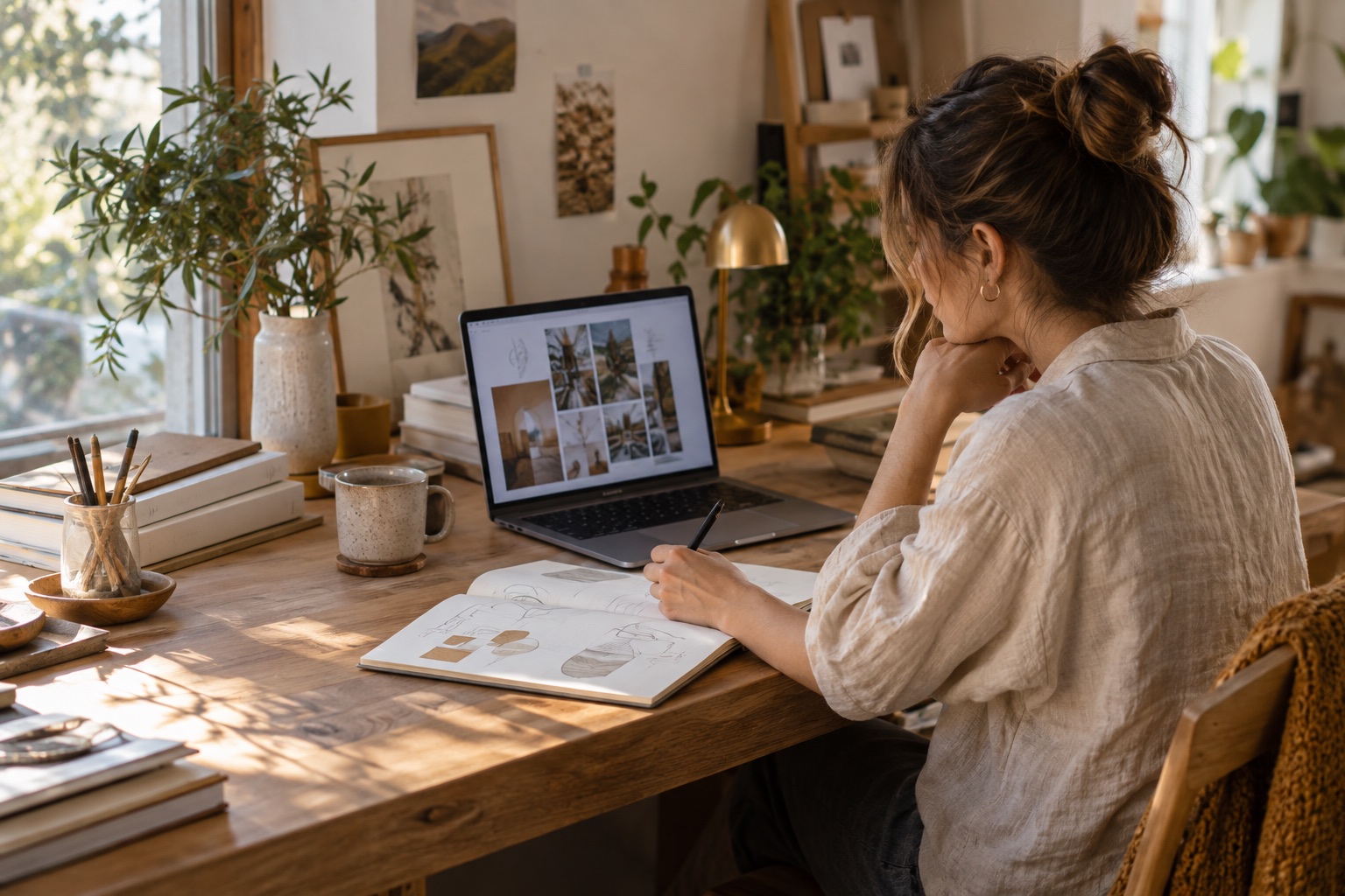 A creative workspace with a laptop, sketchbook, and warm natural light