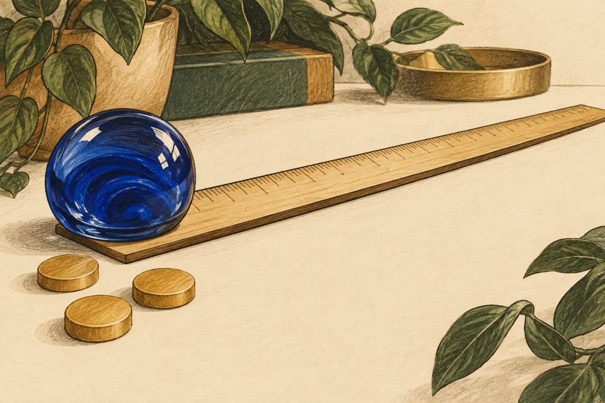 A blue paperweight at the start of a ruler with three gold tokens nearby.