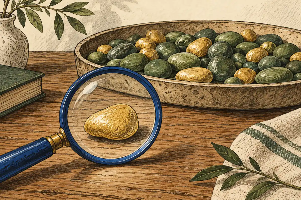 A magnifying glass enlarges one gold pebble while many other pebbles fill a tray behind it.