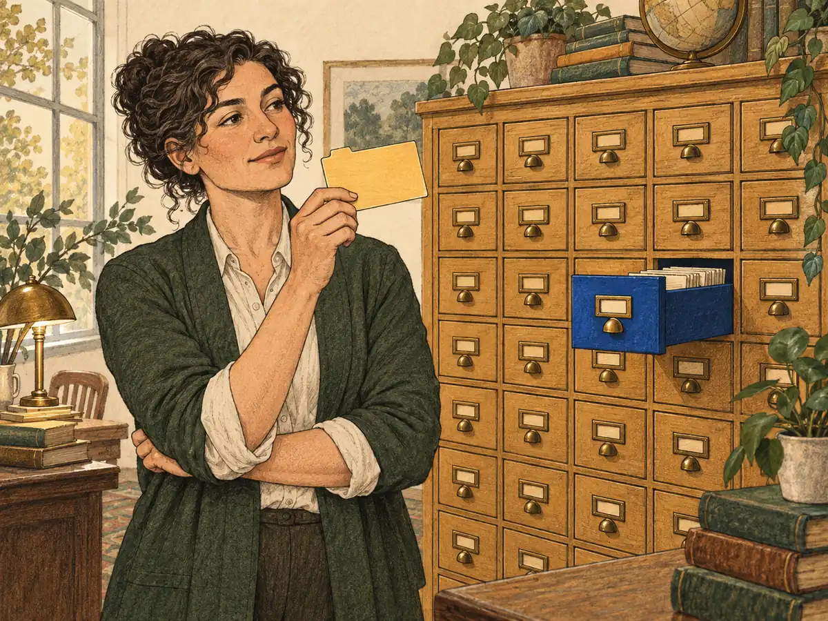 An archivist holds one gold memory card beside a cabinet of closed drawers and one open blue drawer.