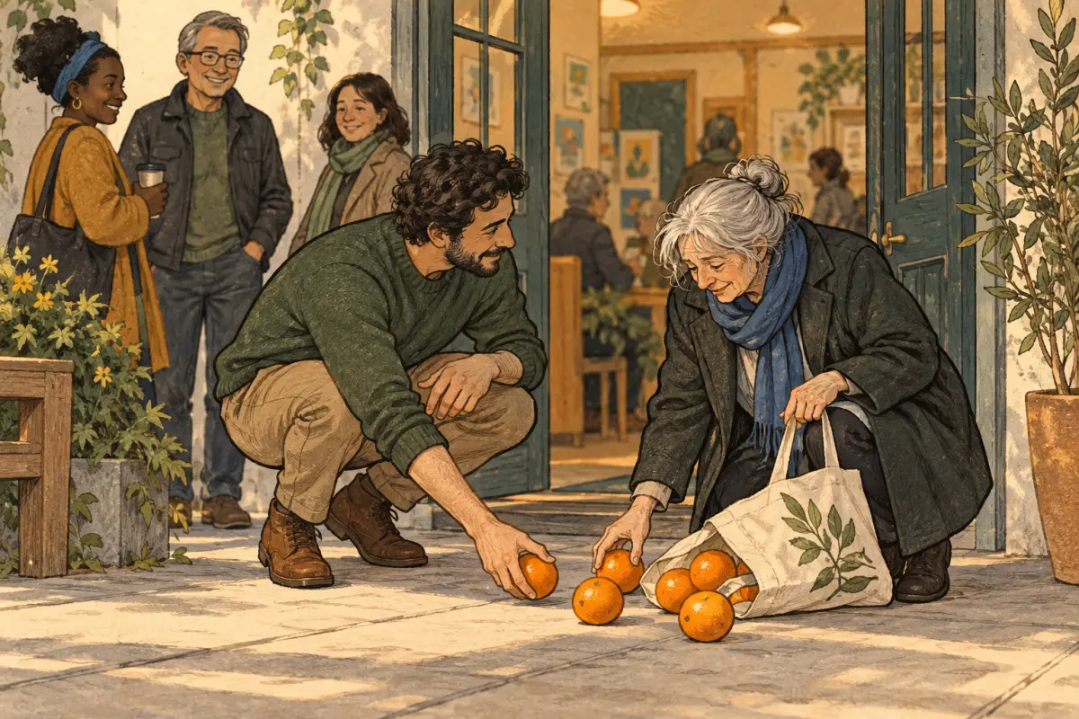 An adult offers to help a visitor collect oranges from a dropped bag near a community center doorway.