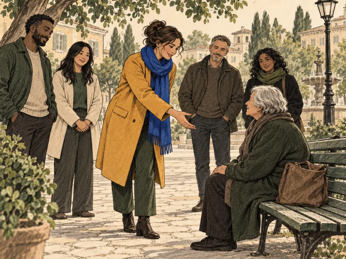 A woman steps forward from a small group to offer assistance to an older adult seated in a public square.