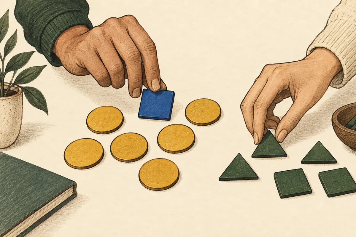 Hands bring a contrasting square into a group of circular evidence tokens.